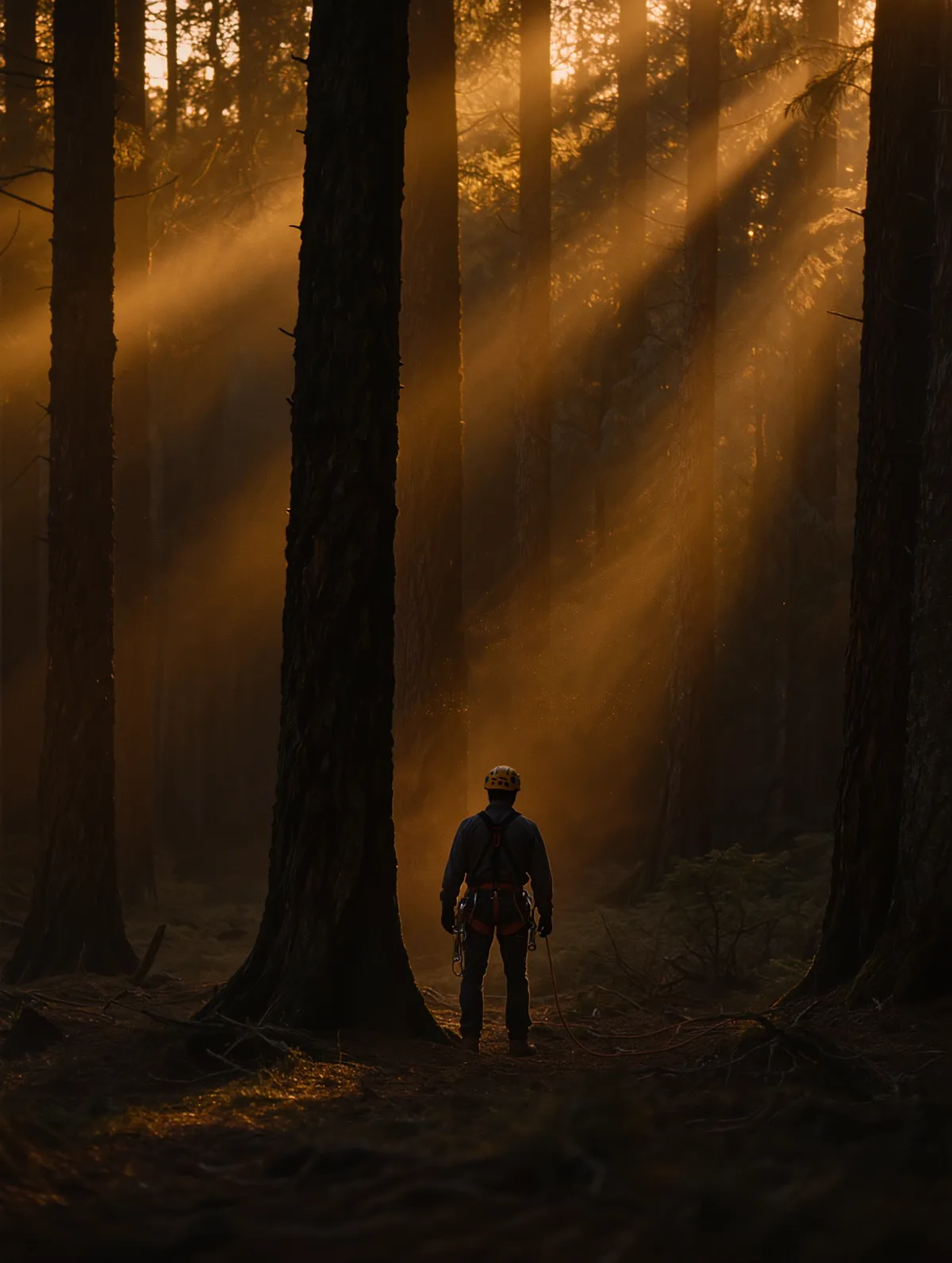An arborist in a climbing harness standing among tall dark trees as golden dawn light breaks through