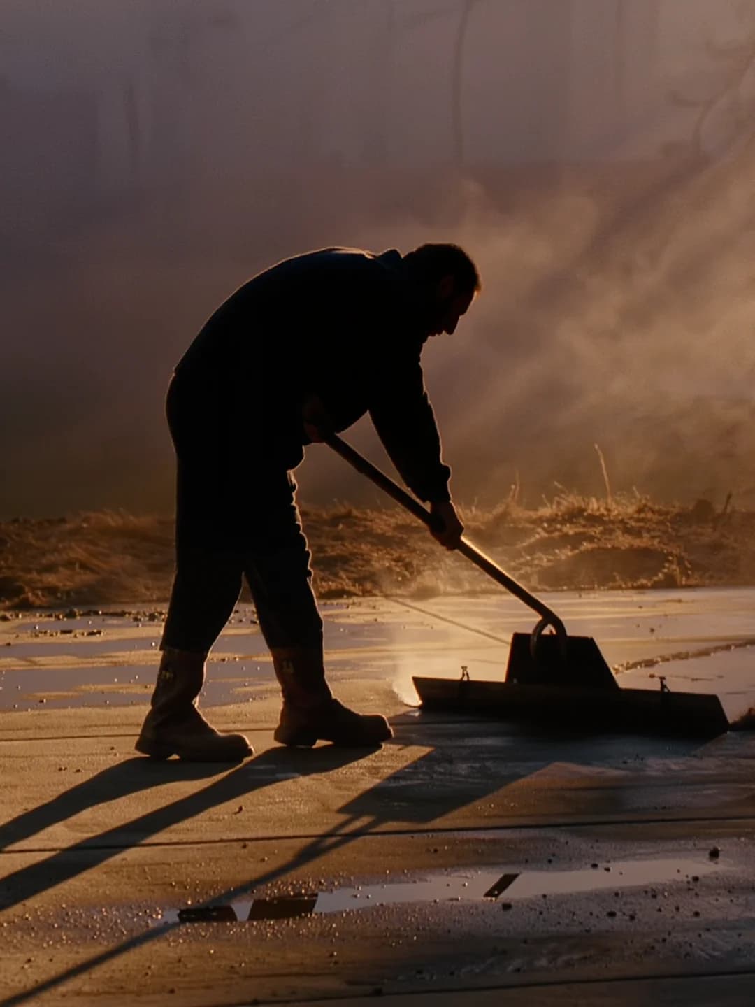 A worker smoothing a freshly poured concrete driveway with a bull float in low golden dawn light