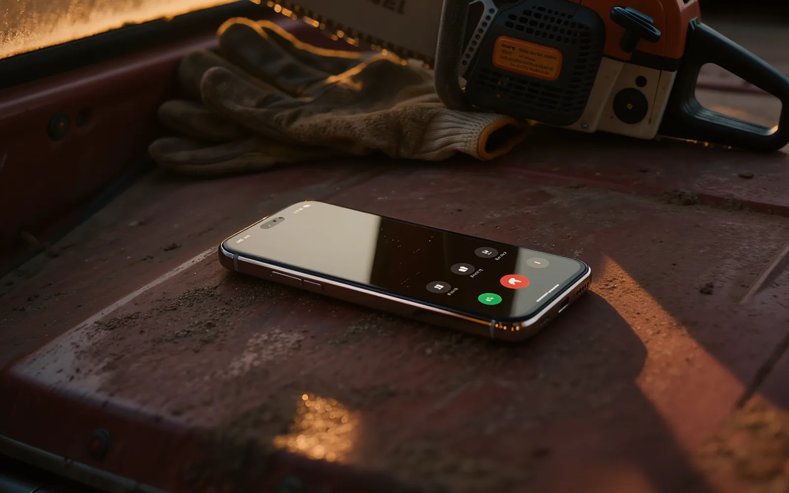 A phone with an incoming call lying on a work truck dashboard at golden hour, work gloves and a chainsaw behind it