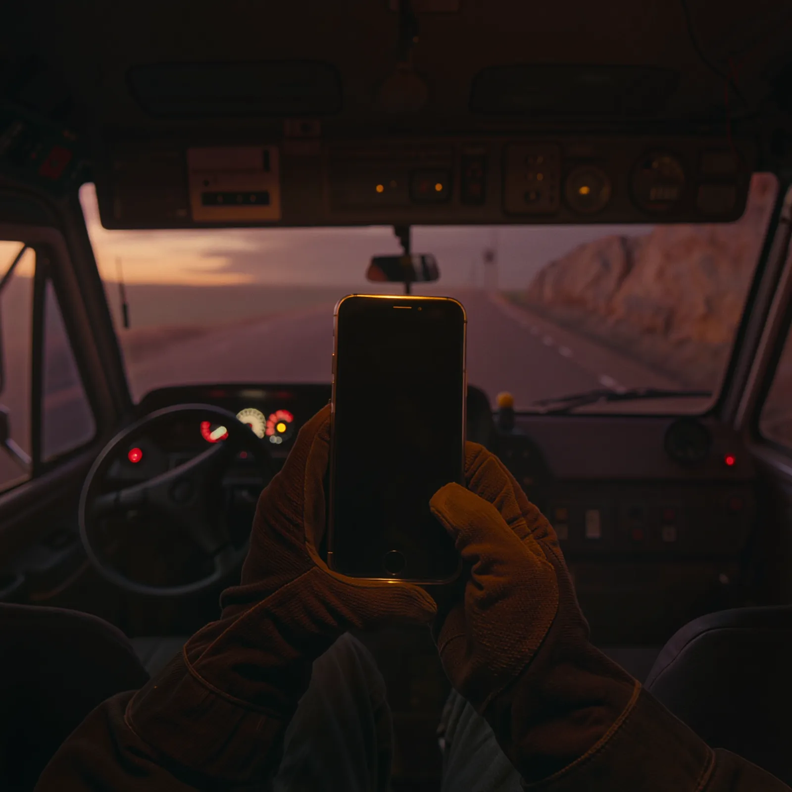 Work-gloved hands holding a phone in a truck cab at dusk, the road ahead through the windshield